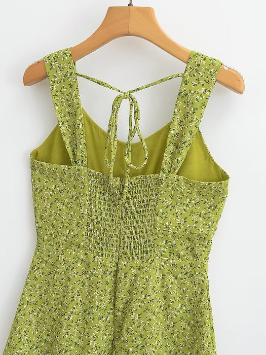 Summer French Vacation Green Single Breasted Square Collar Dress Wide Brimmed Cami Dress-Fancey Boutique