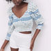 Spring Women Clothing V neck Long Sleeve Pleated Print Short Shirt Top-Fancey Boutique