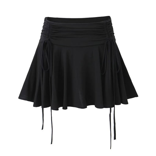 Color-Black-Pure Sweet Spicy Lace up Side Skirt Niche Vitality Low Waist Pleated Skirt Women-Fancey Boutique