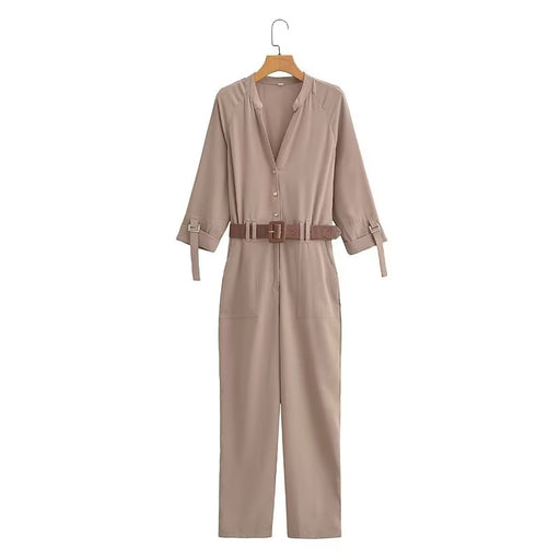 Color-Khaki-Spring Autumn Women Clothing Double Breasted Multi Pocket with Belt Solid Color Jumpsuit-Fancey Boutique