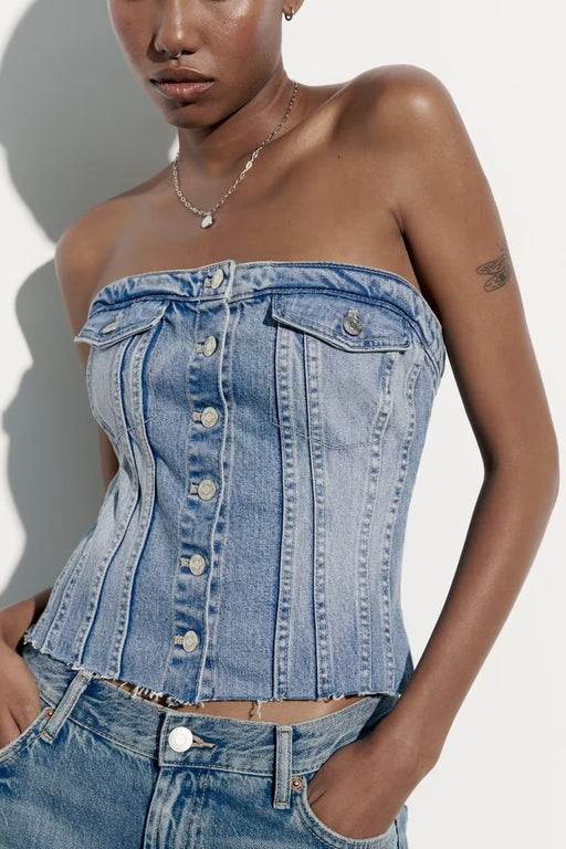 Corset Denim Tube Top Sexy Inner Wear Early Spring Breasted Design Women Clothing-Fancey Boutique