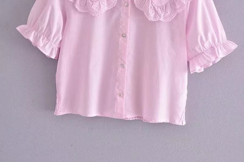 Women Clothing Summer Fresh Sweet Embroidery Small round Collared Loose Slimming Shirt Top-Fancey Boutique