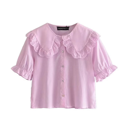 Women Clothing Summer Fresh Sweet Embroidery Small round Collared Loose Slimming Shirt Top-Pink-Fancey Boutique