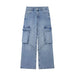 Color-Light Blue-Loose Strap Accessories Mid Waist Cargo Jeans Trousers-Fancey Boutique