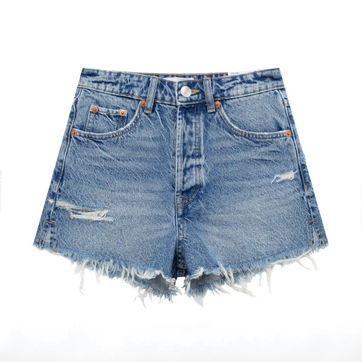Color-Blue-Summer Women Perforated Hole Decoration Burr Straight Cotton High Waist Denim Shorts-Fancey Boutique