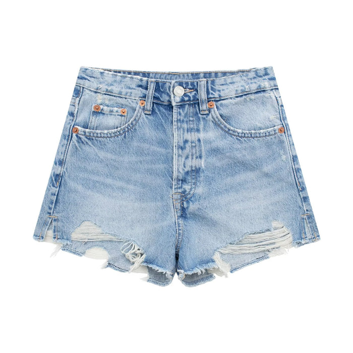 Color-light blue-Summer Women Perforated Hole Decoration Burr Straight Cotton High Waist Denim Shorts-Fancey Boutique