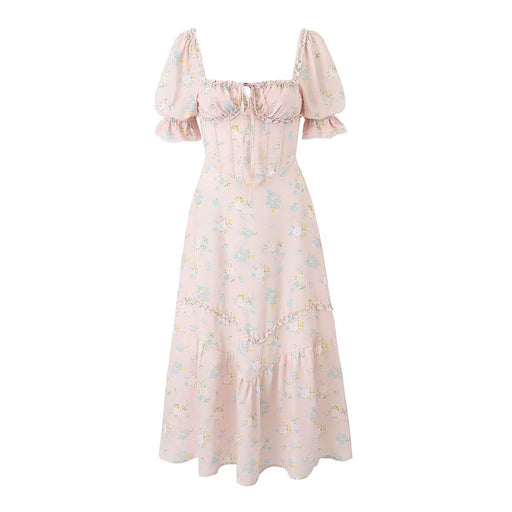 Color-Pink-Elegant Small Women Summer Fairy Dress Square Collar Puff Sleeve French First Love Sweet Chiffon Tea Break Floral Dress-Fancey Boutique