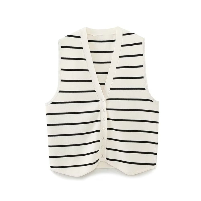 Summer Women Casual Sleeveless V neck Knitted Striped Vest-Stripe-Fancey Boutique