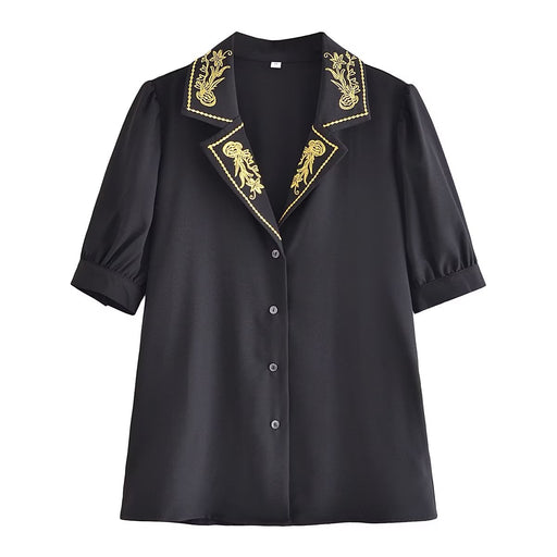 Color-Black-Summer Embroidered Black Shirt Single Breasted Mid Length Top-Fancey Boutique