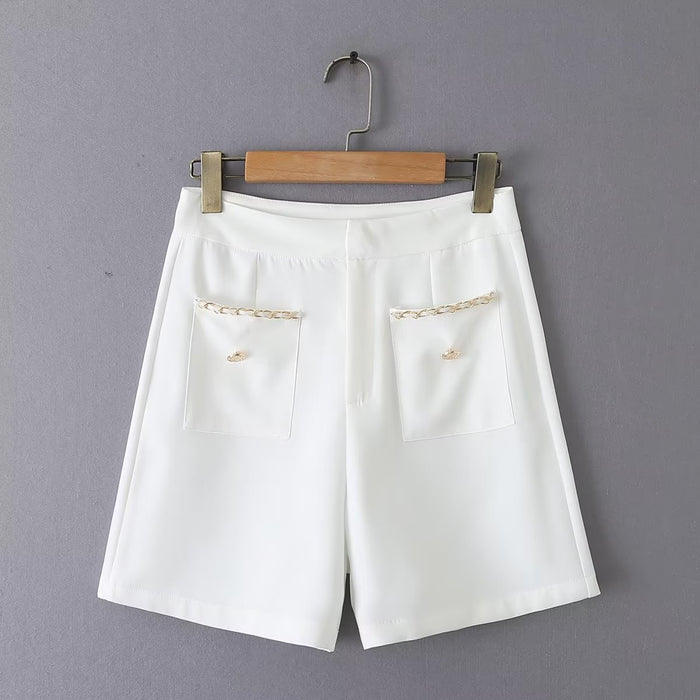 Color-White Shorts-Sweet Suit Cardigan Short Top High Waist Slimming Wide Leg Pants Women Suit-Fancey Boutique
