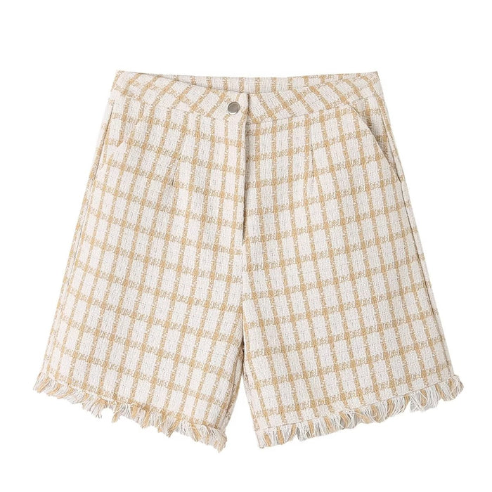 Color-Yellow Bottom-Spring Loose Plaid Straight Leg Pants Sweet Fresh Women Pants Contrast Color Tassel Shorts-Fancey Boutique