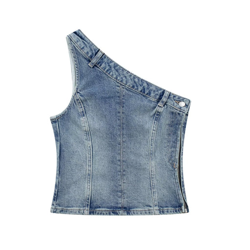 Color-Blue-Summer Women Vest Outer Wear Straight Slim Asymmetric Denim Top-Fancey Boutique