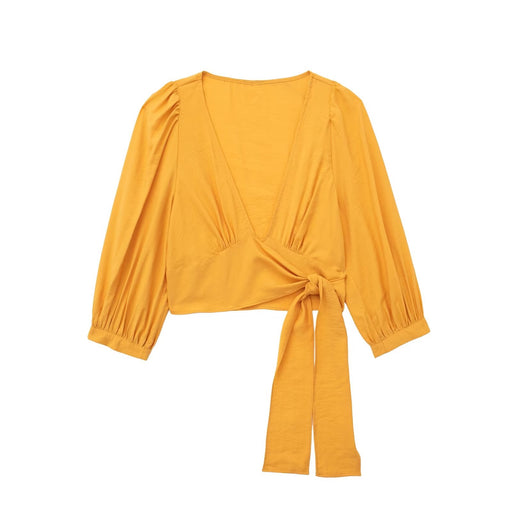 Women Clothing Spring Deep V Plunge Neck Backless Knotted Long Sleeve Satin Shirt-Yellow-Fancey Boutique