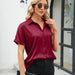 Color-Burgundy-Women Solid Color Satin Short Sleeve Button Shoulder Satin Shirt-Fancey Boutique