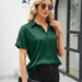 Color-Blackish Green-Women Solid Color Satin Short Sleeve Button Shoulder Satin Shirt-Fancey Boutique
