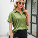 Color-Army Green-Women Solid Color Satin Short Sleeve Button Shoulder Satin Shirt-Fancey Boutique