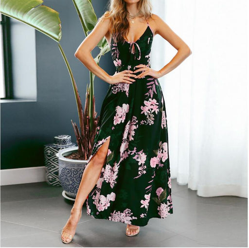 Color-Black-Spring Summer Arrival Dress Printed Large Swing Slit Slim-Fitting Strappy Low Cut Maxi Dress-Fancey Boutique