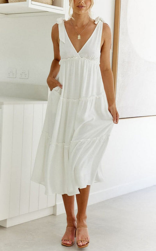 Color-White-Summer Natural Women Dress Hemp Cotton Tied V neck Loose Gathers Drape Dress-Fancey Boutique