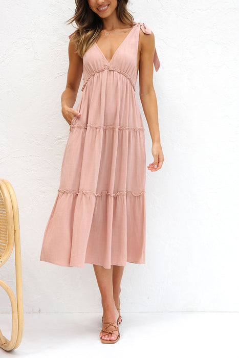 Color-Pink-Summer Natural Women Dress Hemp Cotton Tied V neck Loose Gathers Drape Dress-Fancey Boutique