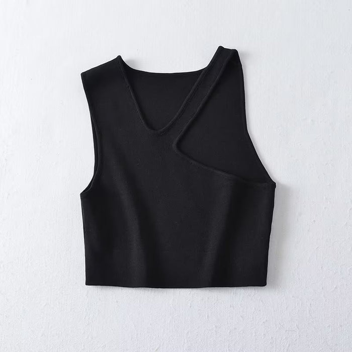Color-Black-Oblique Shoulder Irregular Asymmetric Sexy Vest Women Clothing Trendy One Shoulder Irregular Asymmetric Knitted Short Sling-Fancey Boutique