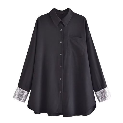 Color-Black-Summer Women Long Sleeve Black Cuff Sequined Shirt-Fancey Boutique
