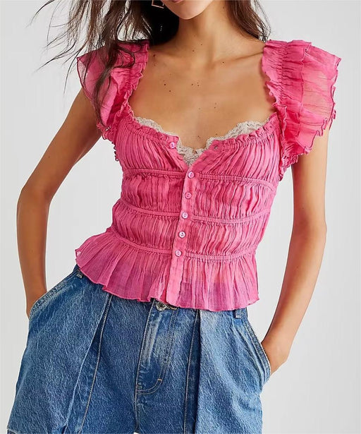 Women Clothing French Pleated Decorative Button Trim Slim Slimming Ruffled Top-Fancey Boutique