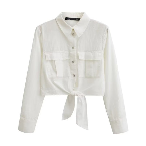 Summer Women White Long Sleeve Knot Shirt-White-Fancey Boutique