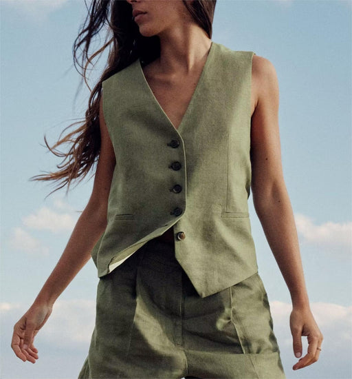 Women Summer Solid Green Elegant Button Vest-Fancey Boutique