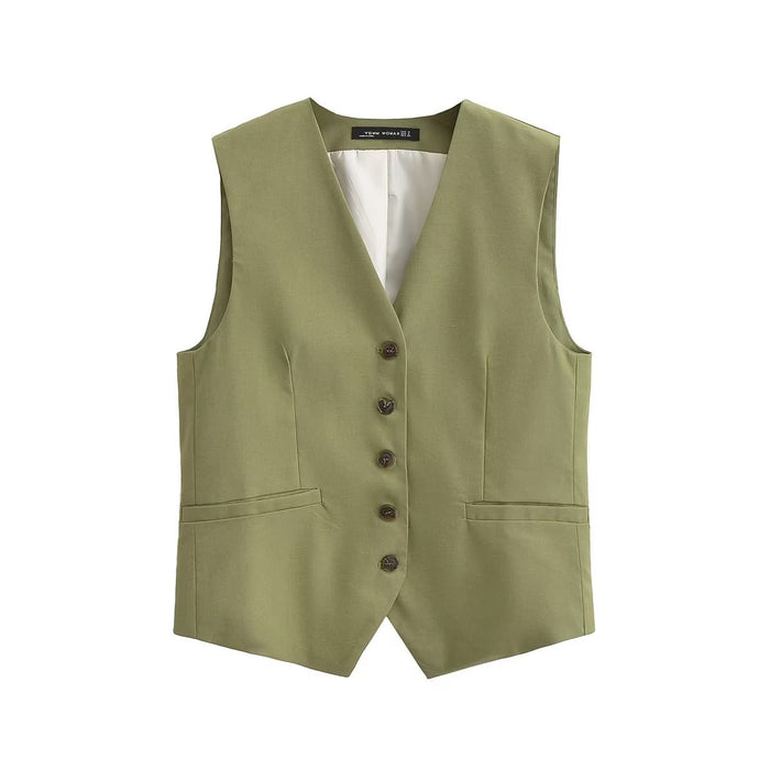 Women Summer Solid Green Elegant Button Vest-Green-Fancey Boutique