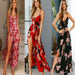 Color-Spring Summer Arrival Dress Printed Large Swing Slit Slim-Fitting Strappy Low Cut Maxi Dress-Fancey Boutique