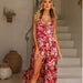 Color-Multi-Spring Summer Arrival Dress Printed Large Swing Slit Slim-Fitting Strappy Low Cut Maxi Dress-Fancey Boutique