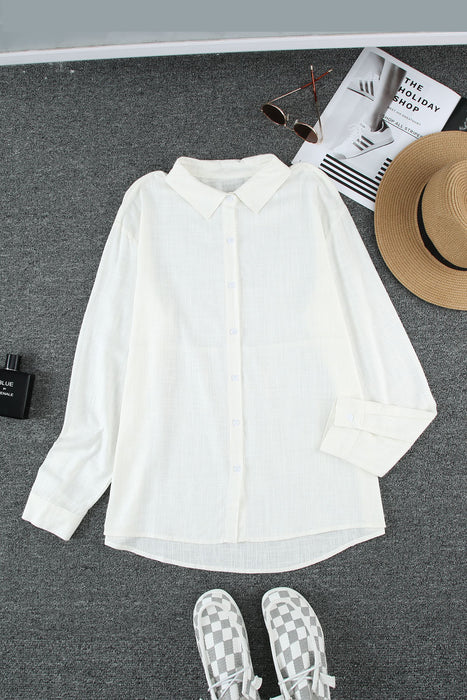 Color-White-Solid Color Shirt Women Spring Summer Breasted Collared Cotton Linen Loose Cardigan Top Women Women Clothing-Fancey Boutique