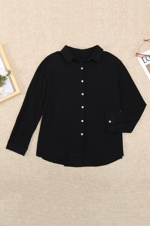 Color-Black-Solid Color Shirt Women Spring Summer Breasted Collared Cotton Linen Loose Cardigan Top Women Women Clothing-Fancey Boutique
