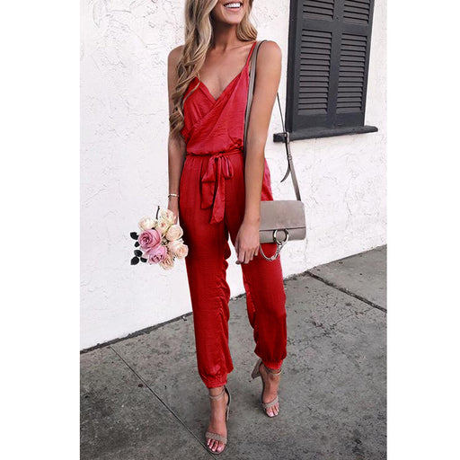 Women Clothing Solid Color Sling Belt Jumpsuit-Red-Fancey Boutique