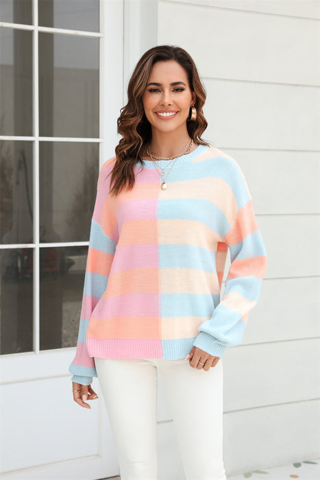 Color-Pink-Fall Women Clothing Patchwork Stripes Contrast Color round Neck Knitwear Pullover Sweater-Fancey Boutique