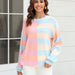 Color-Pink-Fall Women Clothing Patchwork Stripes Contrast Color round Neck Knitwear Pullover Sweater-Fancey Boutique