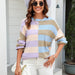 Color-Khaki-Fall Women Clothing Patchwork Stripes Contrast Color round Neck Knitwear Pullover Sweater-Fancey Boutique