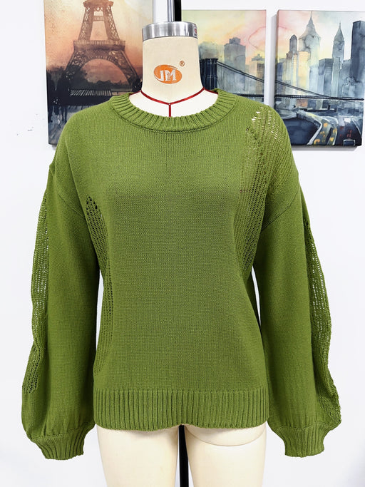Color-Green-Autumn Winter Hollow Out Cutout Out Pullover Knitwear Women Round Neck Sweater Women-Fancey Boutique