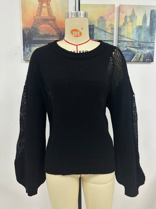 Color-Black-Autumn Winter Hollow Out Cutout Out Pullover Knitwear Women Round Neck Sweater Women-Fancey Boutique