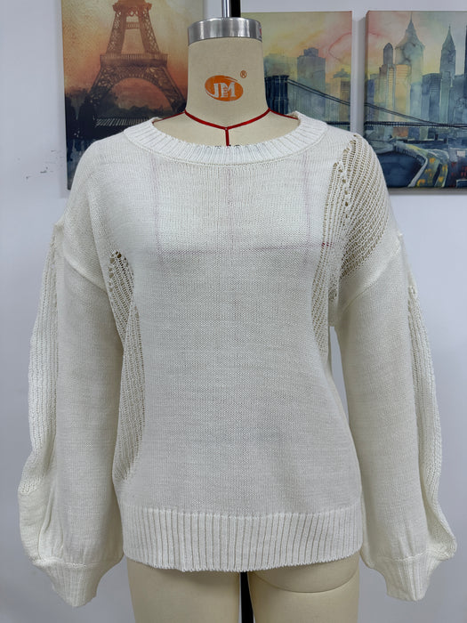 Color-White-Autumn Winter Hollow Out Cutout Out Pullover Knitwear Women Round Neck Sweater Women-Fancey Boutique