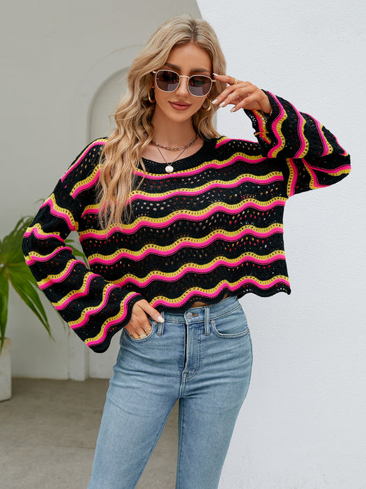 Color-Black-Autumn Winter Women Clothing Long Sleeve Round Neck Knitted Striped Sweater Women-Fancey Boutique