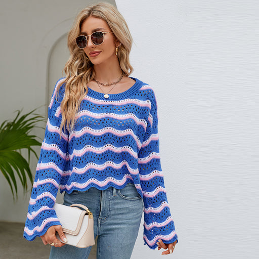 Color-Blue-Autumn Winter Women Clothing Long Sleeve Round Neck Knitted Striped Sweater Women-Fancey Boutique