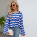 Color-Blue-Autumn Winter Women Clothing Long Sleeve Round Neck Knitted Striped Sweater Women-Fancey Boutique