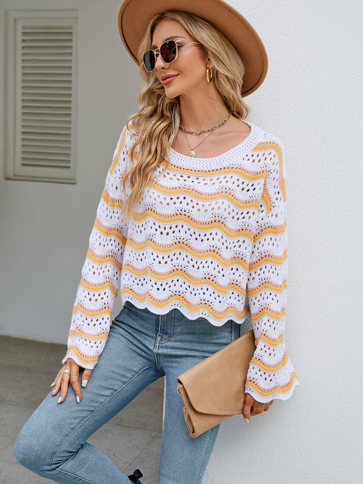 Color-Yellow-Autumn Winter Women Clothing Long Sleeve Round Neck Knitted Striped Sweater Women-Fancey Boutique