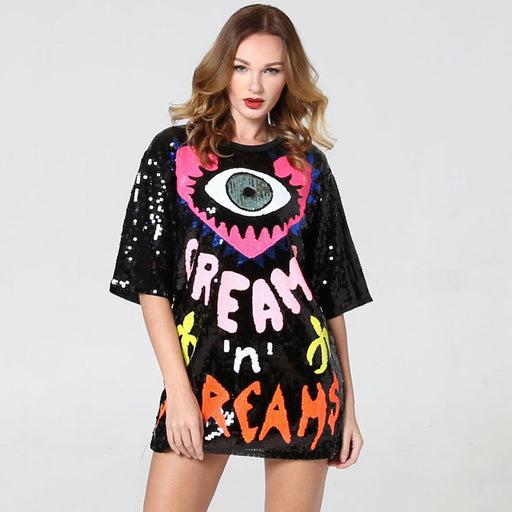 Color-Black-Peach Heart Spring-Summer Top Love Peach Eyes Alphabet Sequ Mid Length Loose T shirt-Fancey Boutique