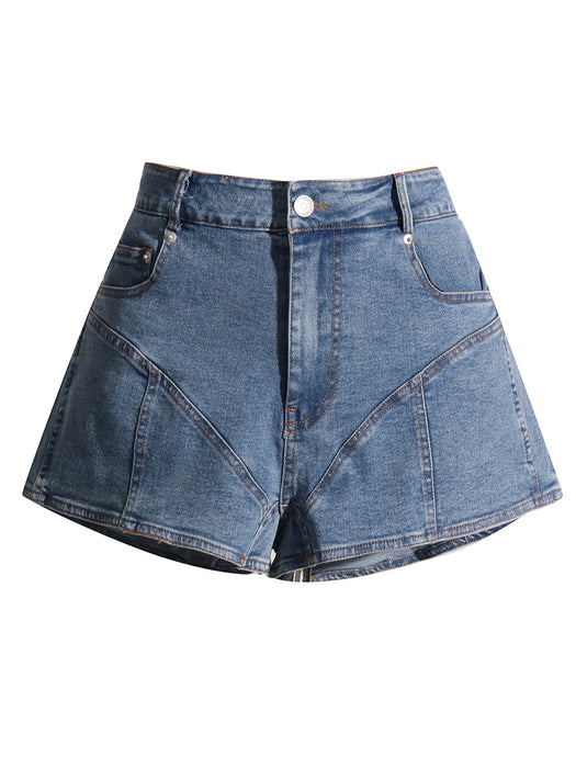 Color-Blue-Summer Sheath Denim Shorts Korean Retro Women High Waist All Matching Straight Contrast Color Shorts Sexy-Fancey Boutique