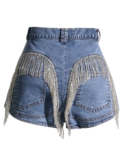 Color-Blue-Summer Heavy Industry Chain Waterfall Tassels Slim Fit Sexy Big Long Leg Denim Shorts High Waist Straight Pants-Fancey Boutique