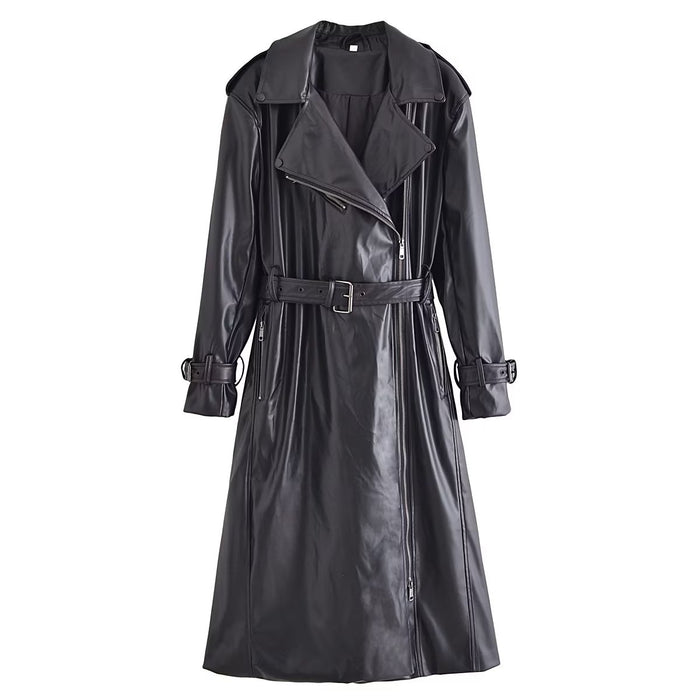 Color-Black-Fall Women Clothing with Belt Black Faux Leather Trench Coat-Fancey Boutique