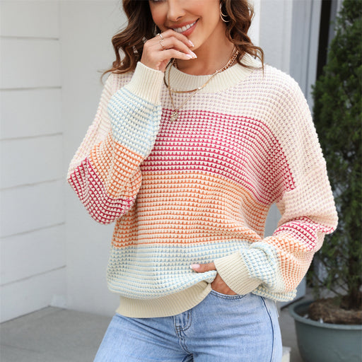 Color-Apricot-Autumn Casual Sweater Loose Crew Neck Color Knitwear Top Color Block-Fancey Boutique
