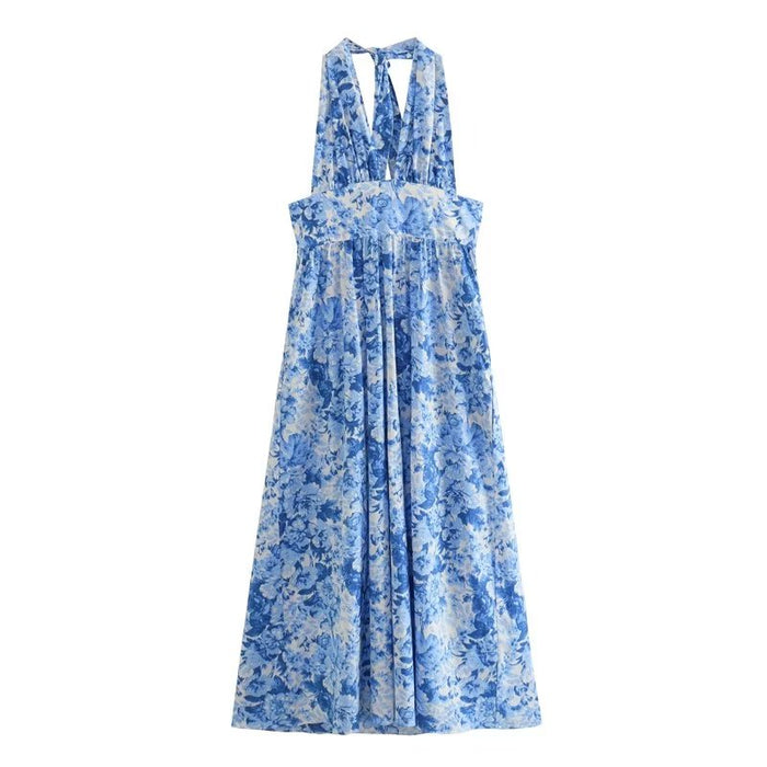 Color-Blue-Summer French Halter Backless Holiday Floral Print Dress-Fancey Boutique